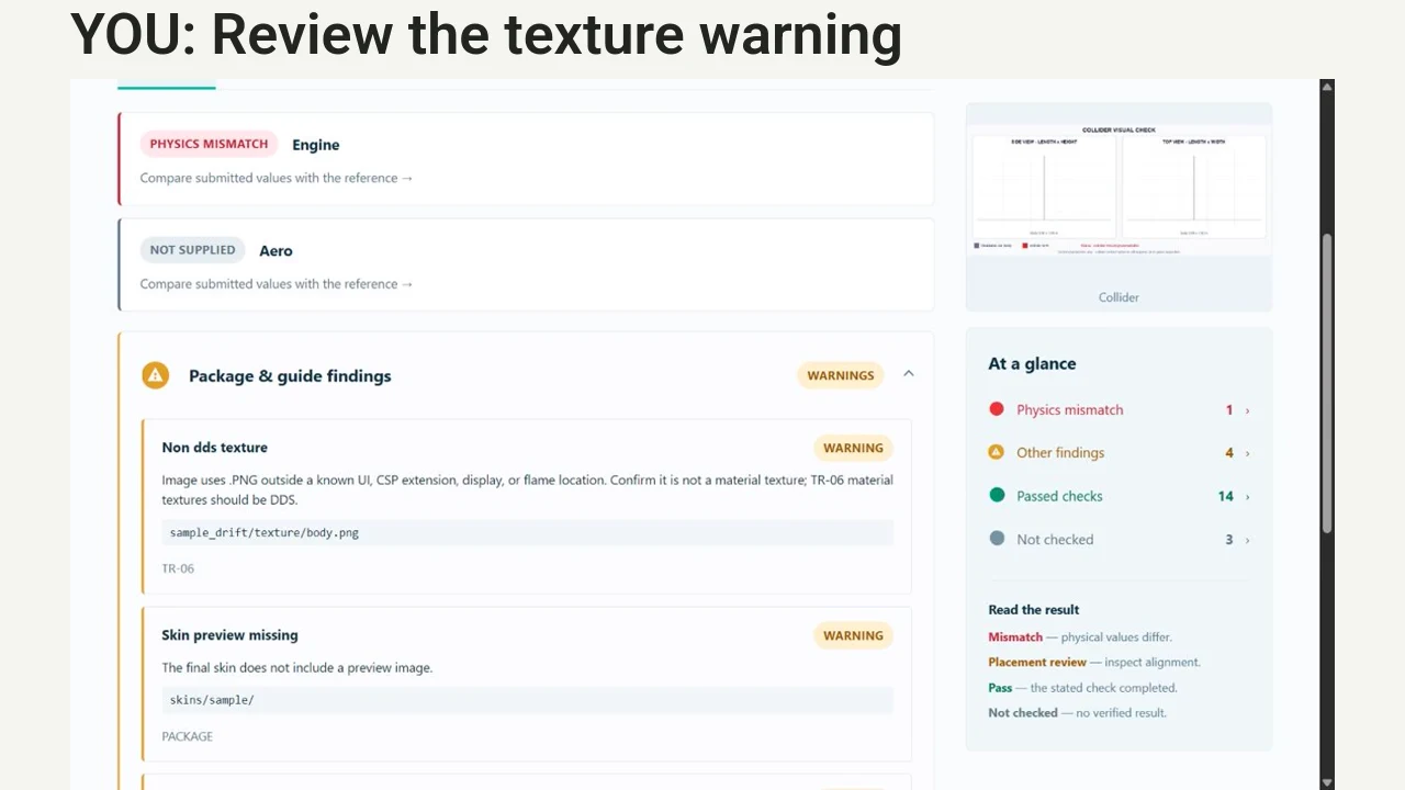 Open a car-check finding and compare the submitted engine value with its reference.