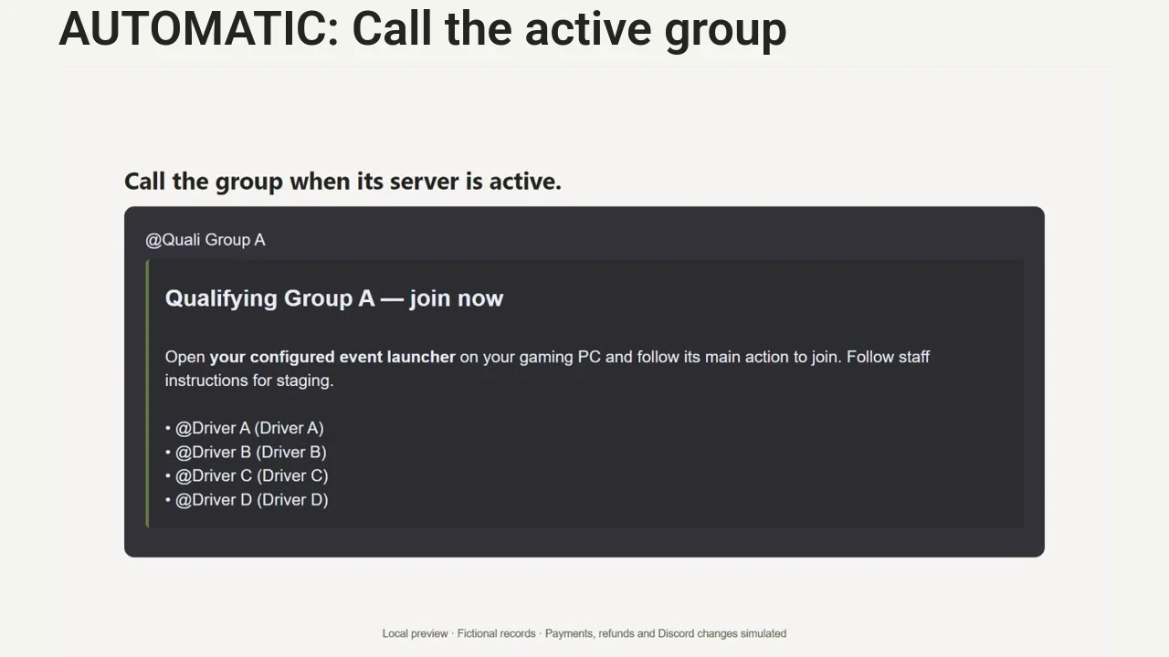 See Role Sync, Discord Group Announcer and staff-triggered Voice Control work through one sample qualifying group.
