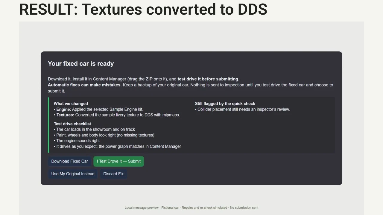 See texture warnings, DDS conversion with mipmaps, driver choices and the fixed-copy test-drive checklist.