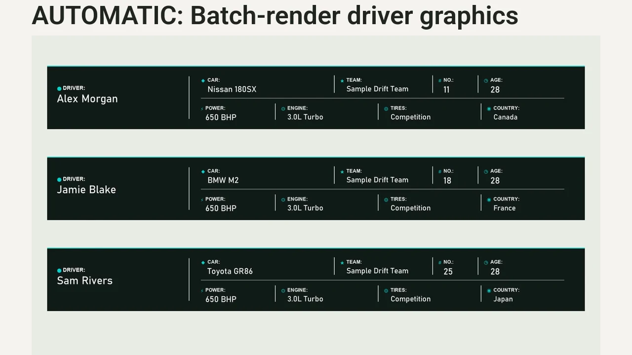 See driver cards, lower thirds and vertical panels exported from the same prepared driver list.