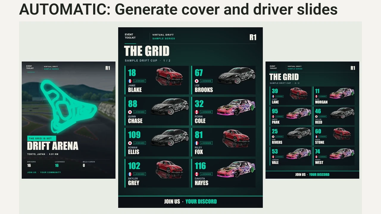Prepare a track announcement cover and driver carousel from your confirmed roster.
