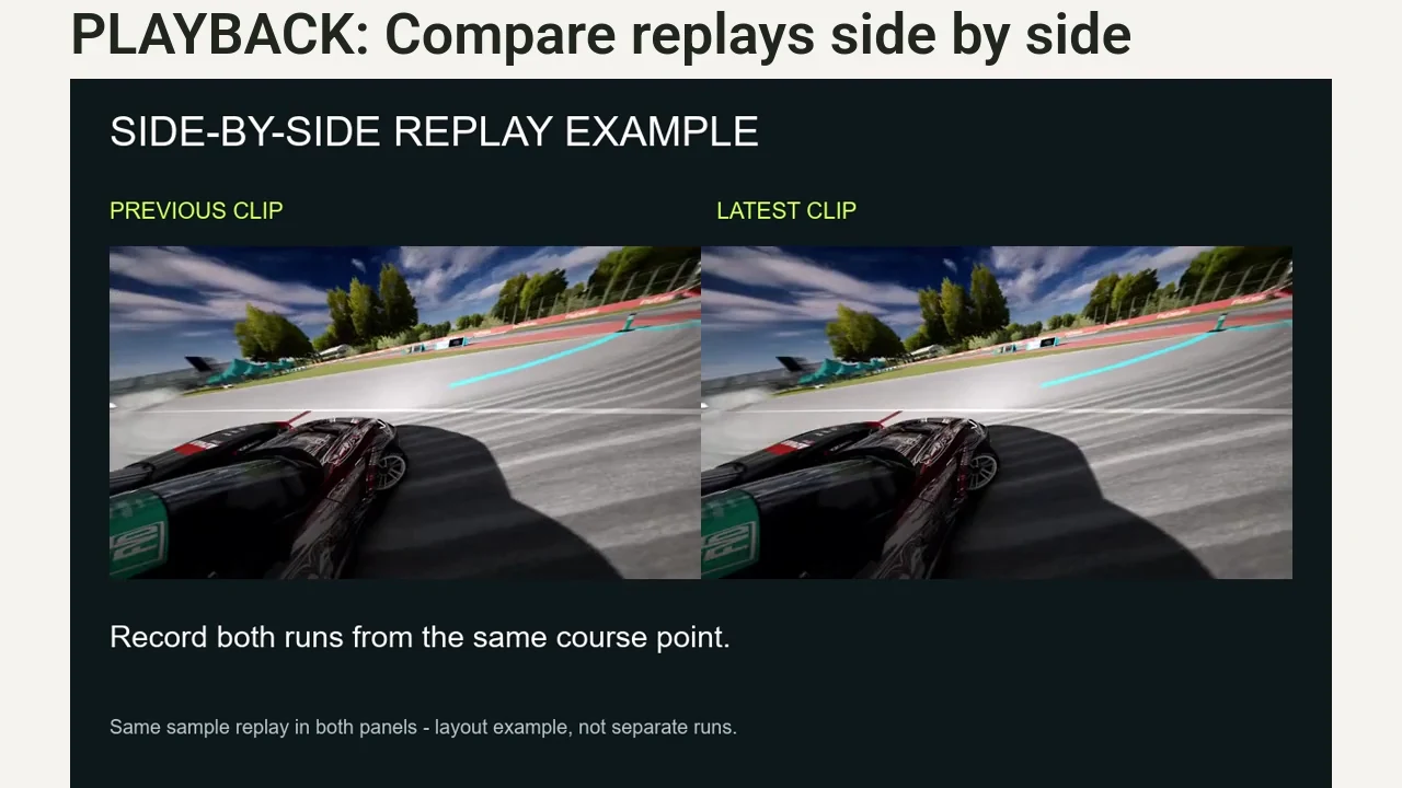 Preview the side-by-side replay layout. For comparable timing, record both runs from the same course point.