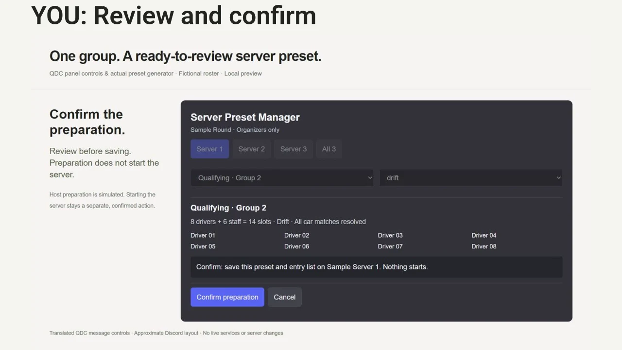 Choose a server and qualifying group, review the generated driver and staff slots, then confirm preparation.
