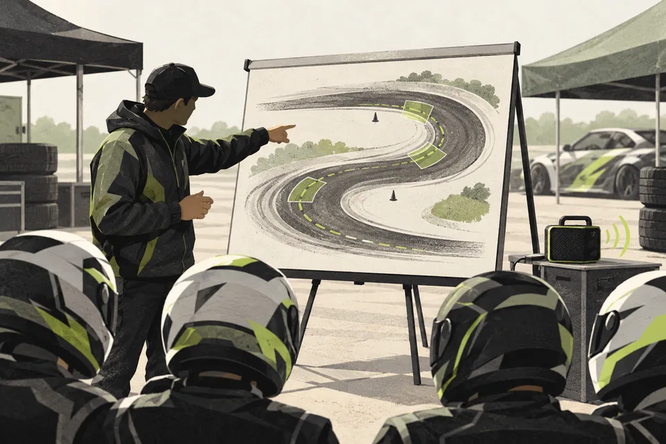 Illustration of a driver briefing with a track diagram and recorded audio cue.