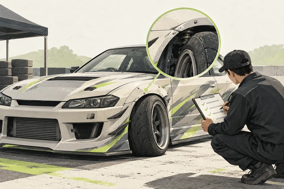 Illustration of a drift car, wheel inspection and a check sheet.