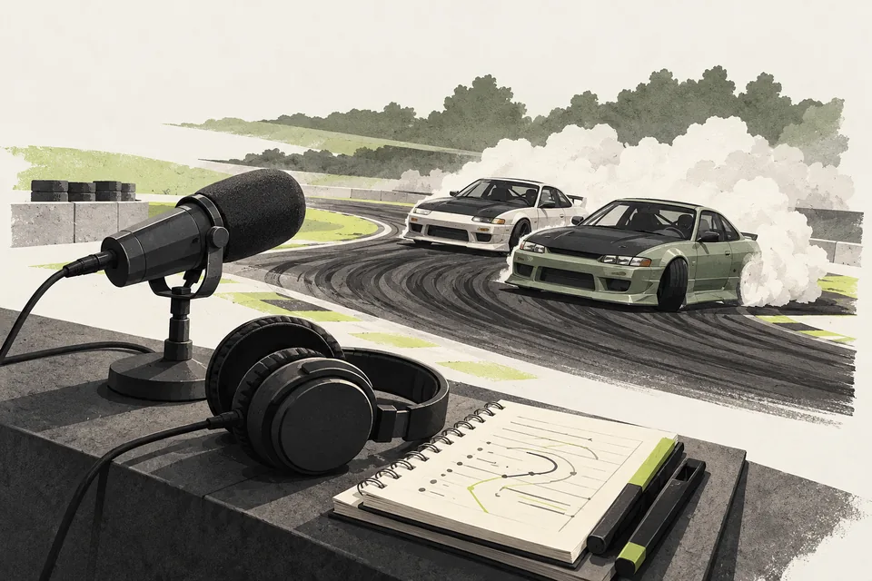 Illustration of a commentator microphone, headphones and notes beside two tandem drift cars.