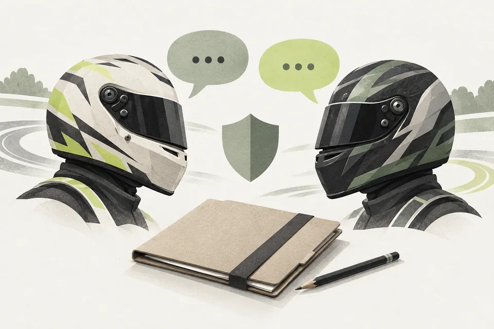 Illustration of respectful driver communication and a private staff review folder.