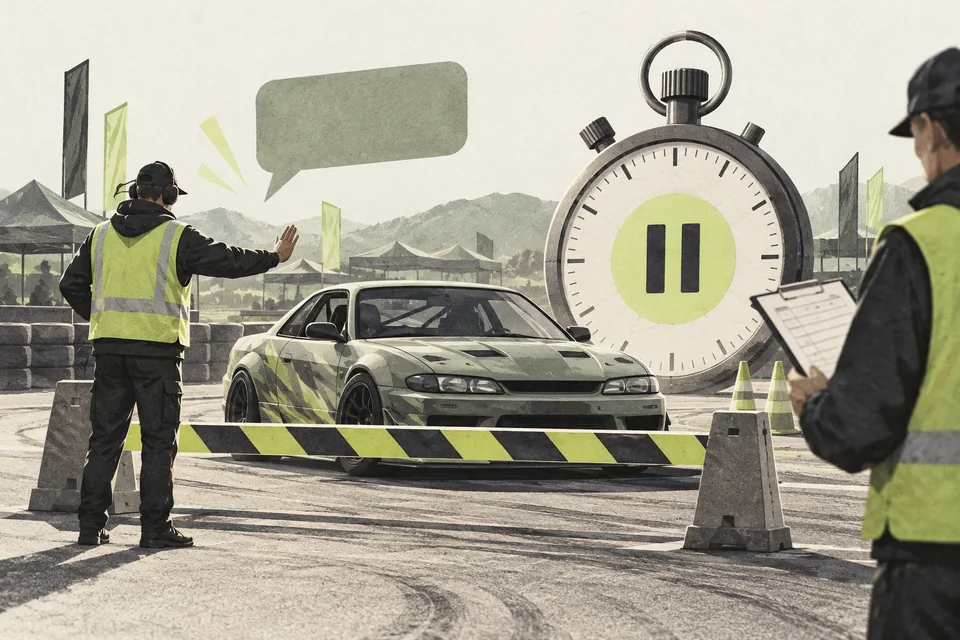 Illustration of a paused run order, timing clock and holding announcement.