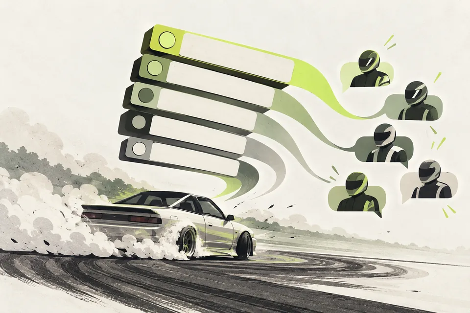 Illustration of live leaderboard results flowing to drivers as chat messages.