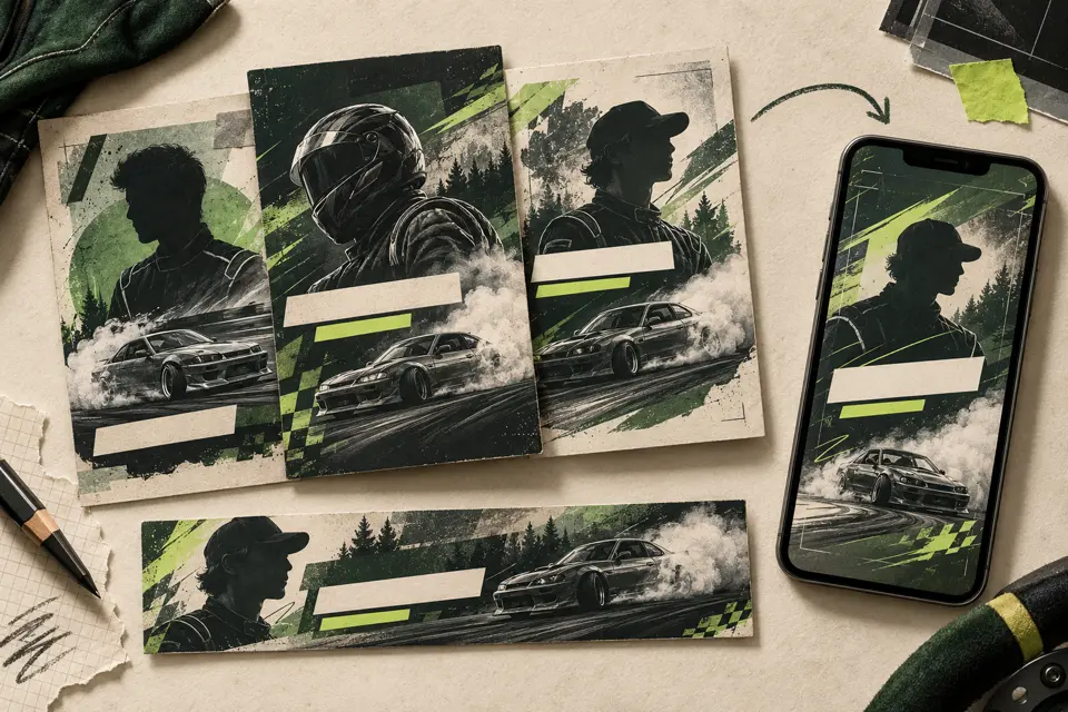 Illustration of driver spotlight cards, a lower third and a social story panel.