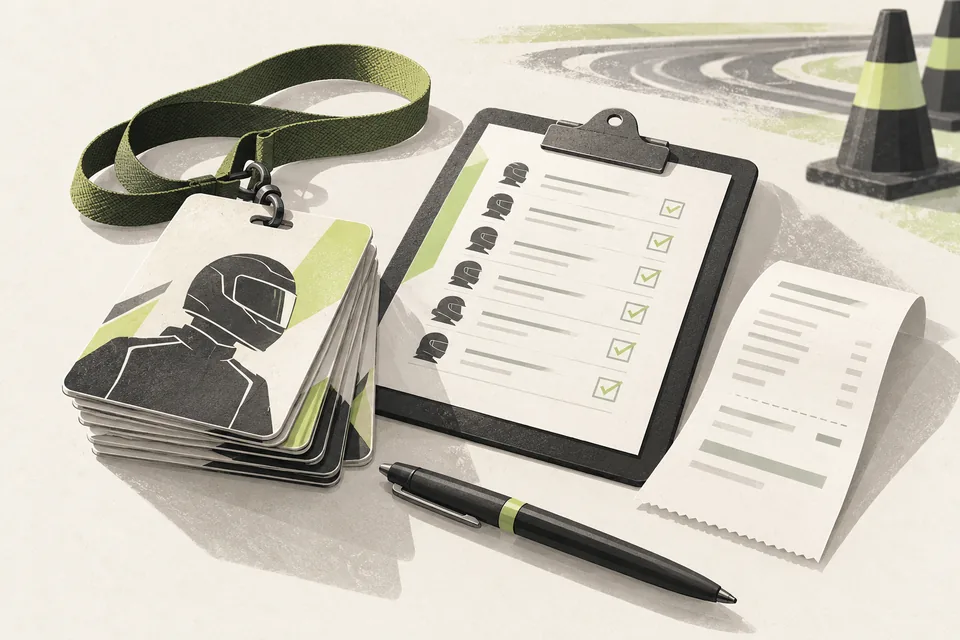 Illustration of driver passes, an entry checklist and a receipt.