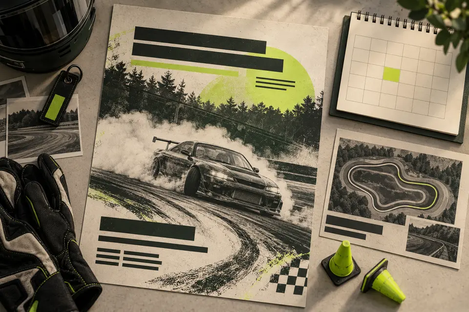 Illustration of a drift event poster, calendar and track map.