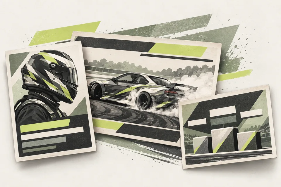 Illustration of reusable driver, car and result graphics.
