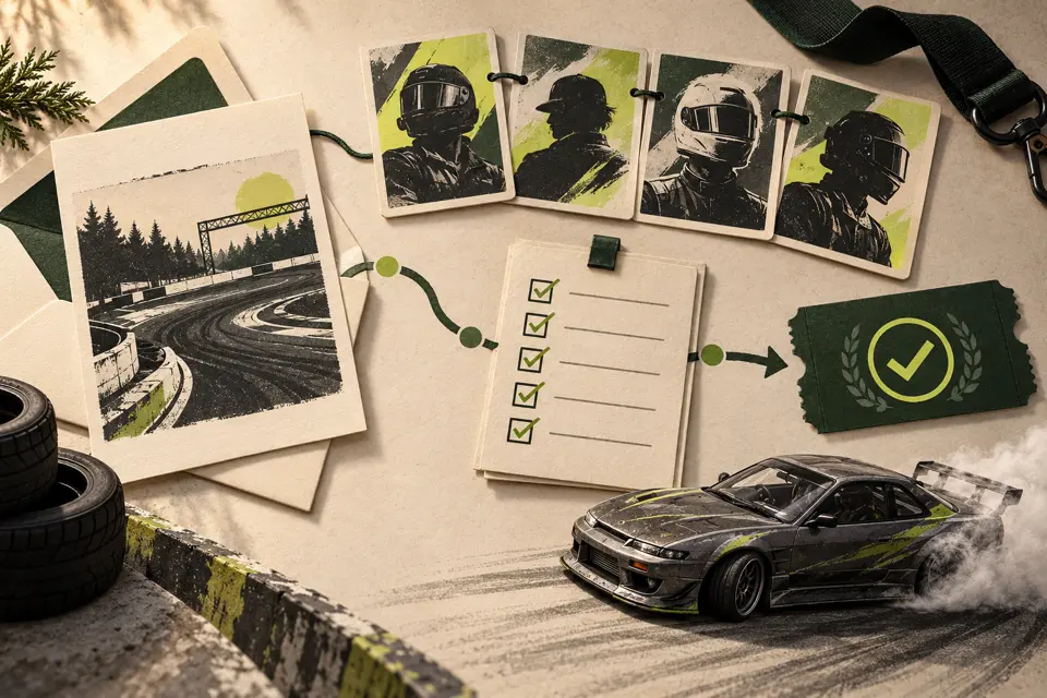 Illustration of a drift event invitation, driver cards and an entry checklist.