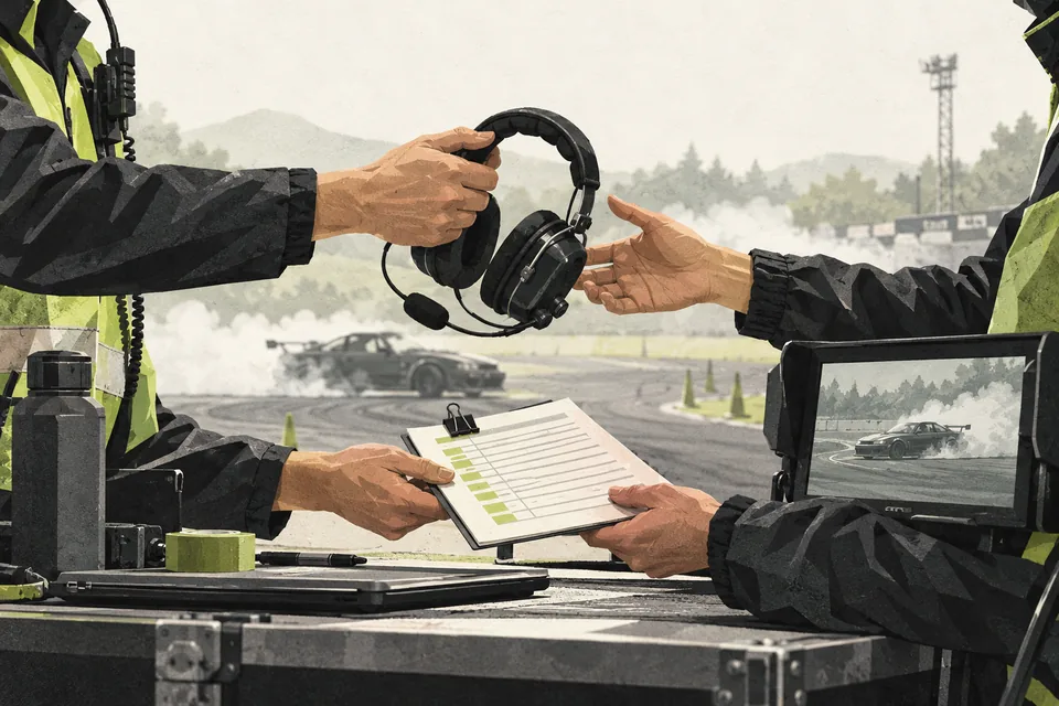 Illustration of staff handing over a headset and current run-order notes.