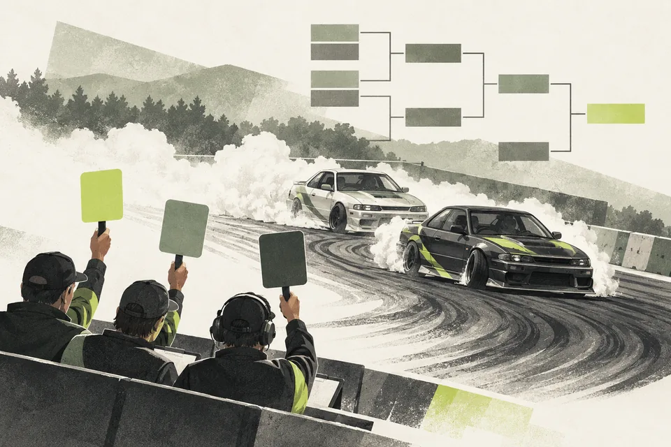 Illustration of tandem drifting, judge votes and a competition bracket.