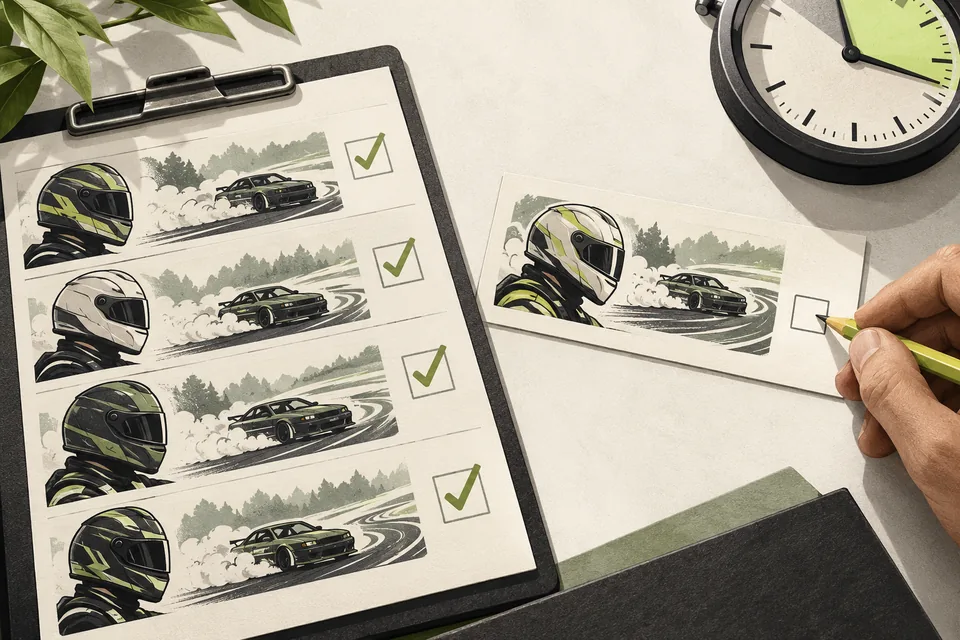 Illustration of staff reviewing a late driver pass beside a fixed entry list.
