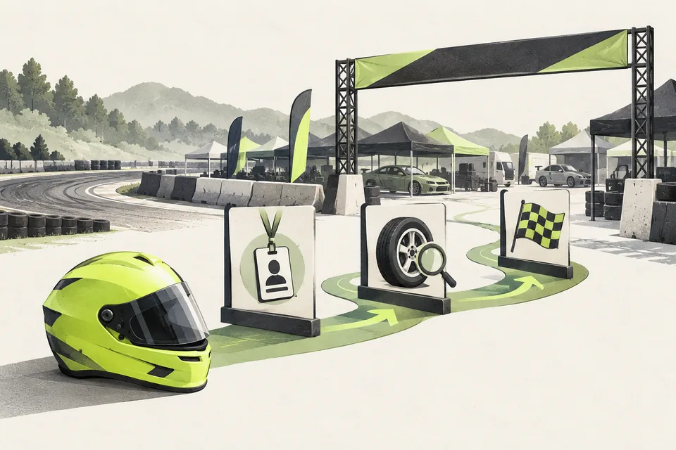 Illustration of a new driver following entry, car-check and briefing steps.