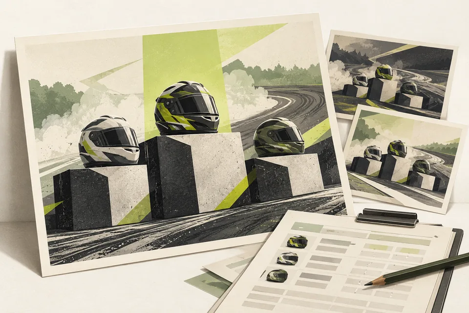 Illustration of a podium graphic and reviewed results prepared for export.
