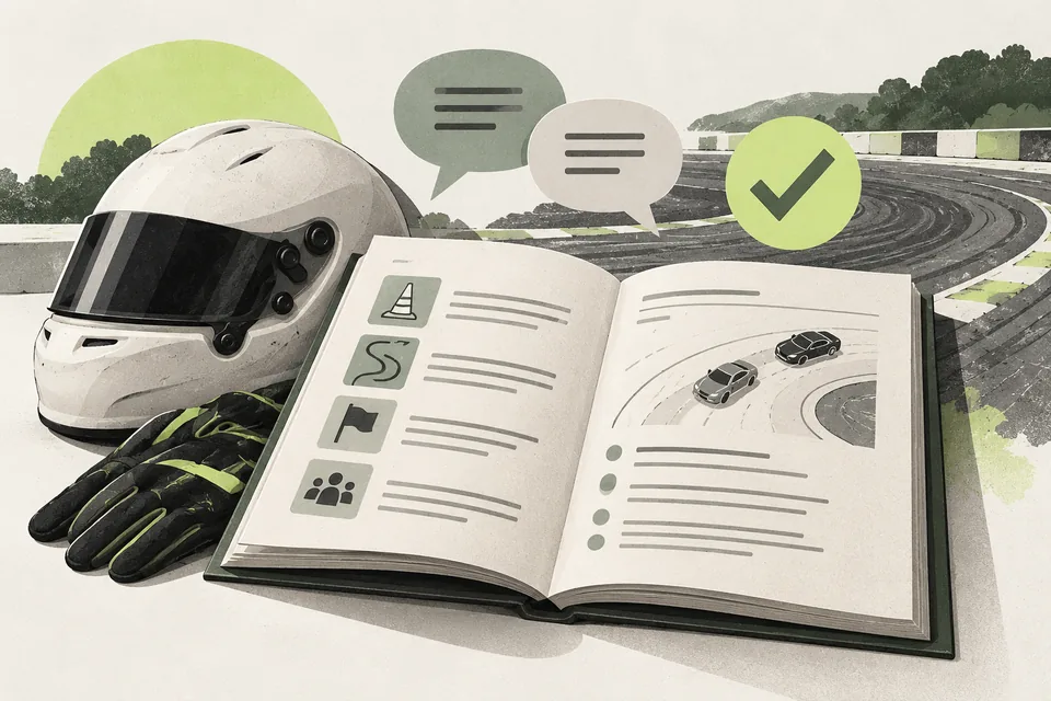 Illustration of an event handbook, helmet and driver communication.