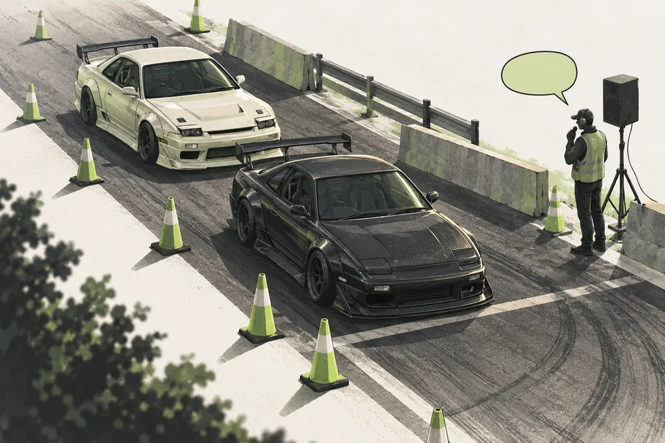 Illustration of a ready driver and the next car waiting at a staging line.
