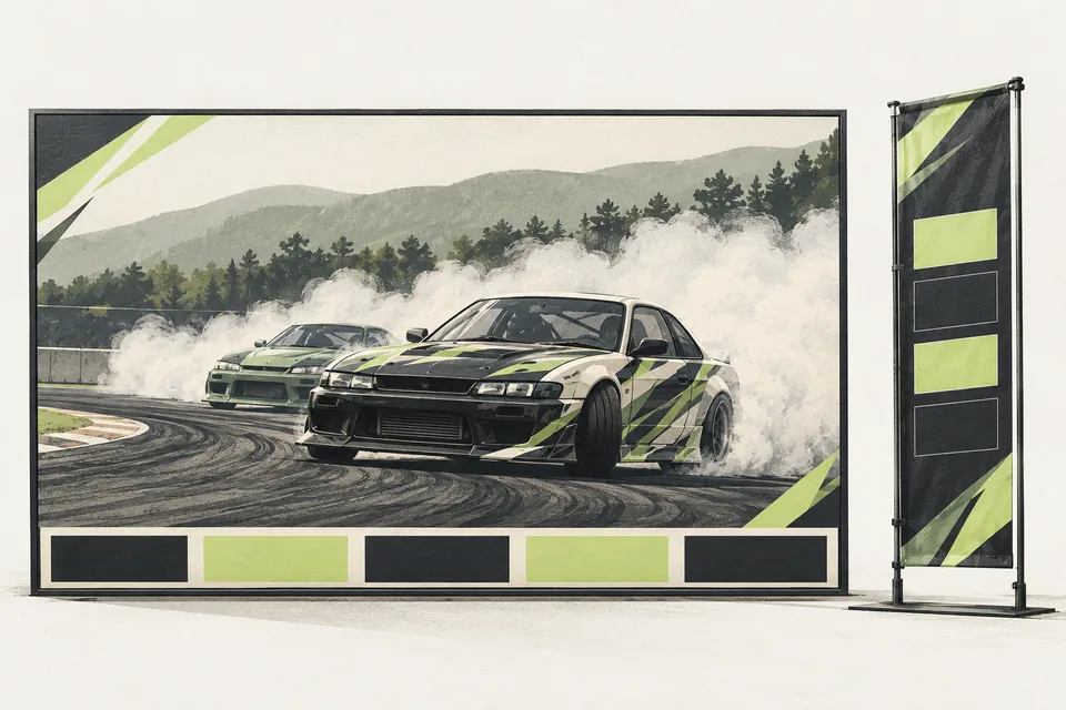 Illustration of restrained sponsor spaces around a drift broadcast graphic.