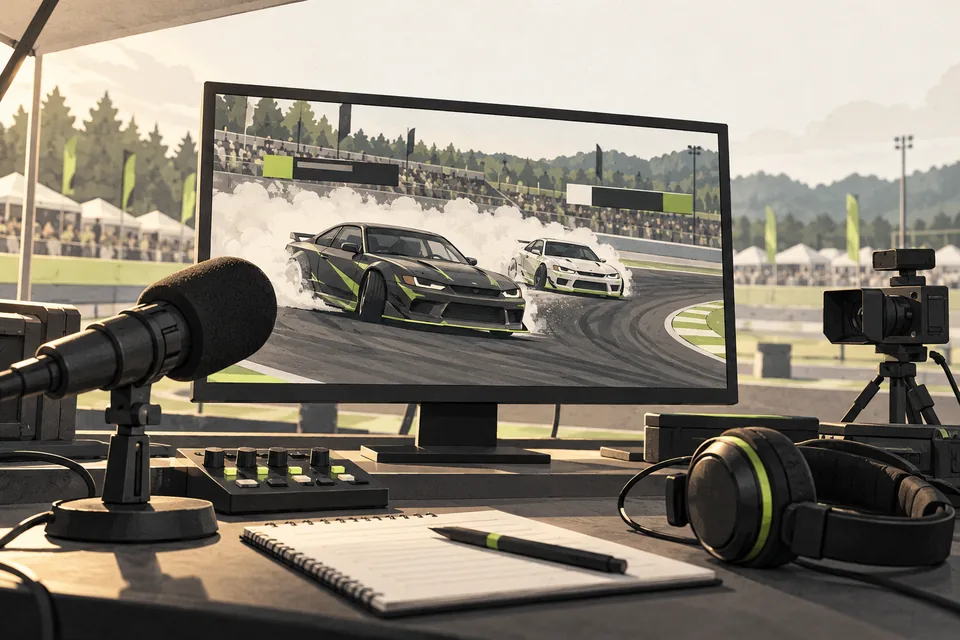 Illustration of a drift broadcast production desk and viewer screen.